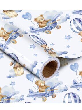 Baby Bear Wrapping Paper Roll, Blue Teddy Bear in Hot Air Balloon Design for Bab